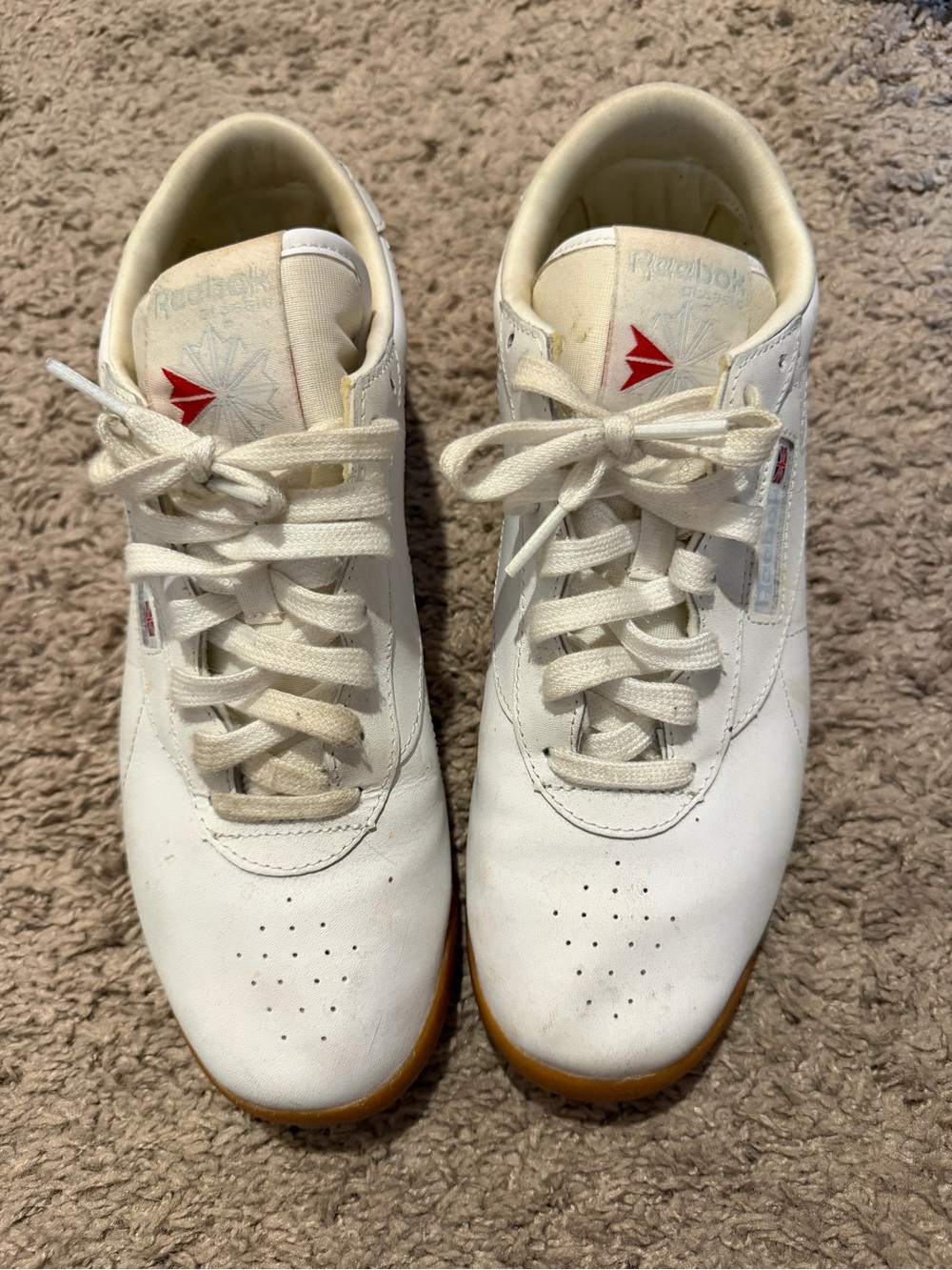 Reebok White Leather Sneakers with Red Logo and Gum Sole